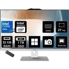 MSI Msı Modern AM272P Intel Core 7 150U 32GB Ram 1tb SSD Intel Graphics 27" Full Hd (1920X1080) WIN11 Pro 1M-1095XEUP521 Beyaz All In One Bilgisayar + Per4 USB Bellek