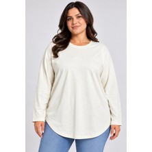 Superlife Süperlife Kadın Büyük Beden Bisiklet Yaka Uzun Kollu Oval Etek Uçlu Tunik Tişört SPR26BTK992