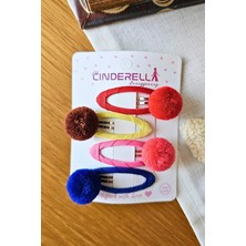 Cinderella 4'lü Canlı Renkli Ponponlu Kız Çocuk Çıtçıtlı Toka Seti - Yumuşak Çıt Çıt Klipsli Yan Saç Tokası
