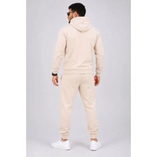 Uslucan Alışveriş Erkek Iki Iplik Kapüşonlu Kanguru Cepli Sweatshirt Jogger Pantolon Alt Üst Eşofman Takımı -Bej