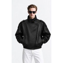 Layk Mayk Erkek Oversize Rahat Kalıp Siyah Suni Deri CEKET-002419