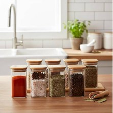 Astera 6'lı Set 350 ml Bambu Kapaklı Kare Cam Saklama Kavanozu 6X10 cm