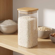Astera 1400 ml Bambu Vakum Kapaklı Borosilikat Cam Erzak Kavanozu 10X21 cm