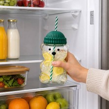 Astera Orret Home 580 ml Ayıcık Desenli Pipetli Silikon Kapaklı Cam Bardak