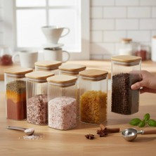Astera 6'lı Set 520 ml Bambu Kapaklı Uzun Kare Cam Spagetti Kavanozu 6X15 cm