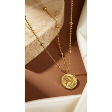 Dore Collection Kadın Gold Zirkon Taşlı Ay Yıldız Madalyon Kolye Boncuk Zincir