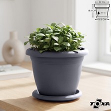 Toxa 3.7 Litre Tabaklı Mat Antrasit Gri Orta Boy Yuvarlak Plastik Saksı Villa No5 Ø23X17CM