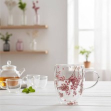 Astera 350 ml Isıya Dayanıklı Çift Cidarlı Çiçekli Cam Çay Kahve Kupası