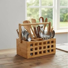 Astera 4 Bölmeli Saplı Bambu Çatal Bıçak Sepeti Masaüstü Organizer 23X15 cm