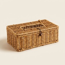 Bienca Rattan Peçetelik 25X14X8 cm Hasır Görünümlü Kağıt Mendil Kutusu Dekoratif Ahşap Boncuklu