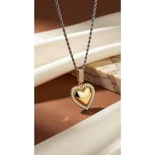 Dore Collection Çelik Gold Zirkon Taş Çerçeveli Bombeli Kalp Kolye Burgu Zincir