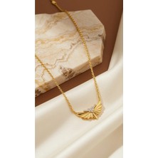Dore Collection Gold Çelik Işıltılı Taşlı Kanat Tasarım Kadın Kolye Şık ve Zarif Kararmaz Zincir Kolye Hediye