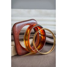 Dore Collection Kadın 3'lü Ahşap ve Kehribar Görünümlü Çoklu Bilezik Seti - Gold Detaylı Akrilik Bangle Kombin