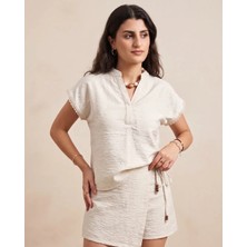 Cherie Style Kadın Bohem Nakış Detaylı V-Yaka Gevşek Kesim Bluz