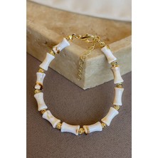 Dore Collection Krem Kemik Boncuklu Bileklik - Gold Dorika Detaylı Bambu Form Ayarlanabilir Zincirli