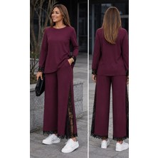 Gökyüzü Moda Kadın Uzun Kollu Bisiklet Yakalı Dantel Detaylı Viskon Iki Iplik Bluz ve Pantolon Ikili Takım