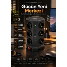 Robeve Fulltech Prime 12’li Akım Korumalı Kule Priz 3680W - 1050J Koruma, PD20 Destekli 3 Usb-A + 2 Usb-C, 2 Metre Kablolu Dikey Çoklu Uzatma Prizi Grup Priz 12'li Fiş 12'li Priz
