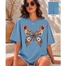 Velaura Studio Vintage Ayçiçeği Kelebek Baskılı Oversize Kadın T-Shirt