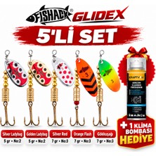 Fishack Glidex 5'li Döner Kaşık Seti + 1 Klima Bombası Hediye - Silver Ladybug 5 gr No:2 + Golden Ladybug 5 gr No:2 + Silver Red 7 gr No:3 + Orange Flash 7 gr No:3 + Gökkuşağı 7 gr