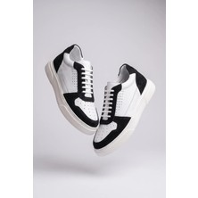Voo Shoes Hakiki Dana Derisi +7 cm Boy Uzatan Sneaker – Beyaz Siyah Süet Detaylı Erkek Spor Ayakkabı