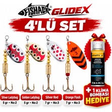 Fishack Glidex 4'lü Döner Kaşık Seti + 1 Klima Bombası Hediye - Silver Ladybug 5 gr No:2 + Golden Ladybug 5 gr No:2 + Silver Red 7 gr No:3 + Orange Flash 7 gr No:3