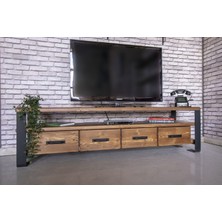 Deryawood Modern Tasarımlı Masif Ahşap Çekmeceli TV Ünitesi 45x180x55 cm Açık Ceviz Renk