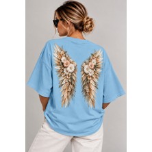 Velaura Studio Vintage Çiçekli Melek Kanadı Sırt Baskılı Oversize Kadın T-Shirt