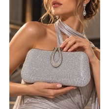 Gnc Design Gümüş Simli Kumaş Taş Aksesuar Detaylı Zincir Askılı Clutch Çanta Düğün Davet ve Gece Çantası