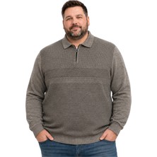 Battal Moda Erkek Büyük Beden Vizon Atlas Polo Yaka Fermuarlı Triko Kazak 5xl-6xl-7xl-8xl