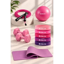 Delta Pilates Egzersiz Seti 6 mm Mat 5’li Lateks Direnç Bandı 20 cm Top Atlama Ipi 1 kg X2 Dambıl