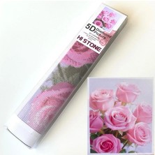 NT Boncuklu Taşlı Pano Mozaik Elmas Goblen Diamond Tablo 50 x 40 cm Pembe Gül Demetleri