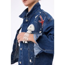 İnci Türkay Kadın Tasarım Denim Ceket Taş Boncuk Işleme Detaylı Mavi Marin Desen Oversize Kalıp Bomber Mont