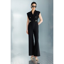 Moda İlgi Moda Ilgi Kadın Mono Yaka Kolsuz Düğme Detaylı Tulum 0708 Siyah