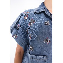 İnci Türkay Kadın Tasarım Denim Yelek Taş Boncuk Payet Işleme Detaylı Mavi Oversize Kalıp Bomber Yelek
