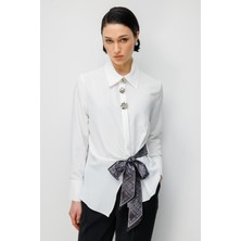 Moda İlgi Moda Ilgi Kadın Beli Fiyonklu Dokuma Kumaş Gömlek 0033 Ekru-Siyah