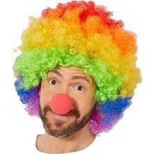 Hobilinka Rengarenk Gökkuşağı Afro Bonus Peruk ve Kırmızı Renk Sünger Burun 120 gr