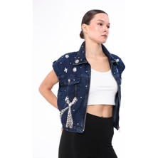 İnci Türkay Kadın Tasarım Denim Yelek Taş Zincir Işleme Detaylı Mavi Slim Kalıp Yelek