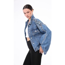 İnci Türkay Kadın Tasarım Denim Ceket Taş Boncuk Zincir Işleme Detaylı Mavi Oversize Kalıp Bomber Mont