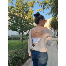 Ali Butik Krem Sırt Dekolteli Inci Detaylı Triko