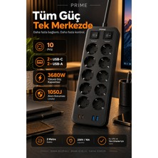 Robeve Fulltech Prıme 10’lu Akım Korumalı Priz 3680W - 1050J Koruma, 2 Usb-C + 2 Usb-A, 2 Metre Kablolu, 1+1 Bağımsız Aç/kapa Anahtarlı Çoklu Uzatma Prizi Grup Priz 10'lu Priz