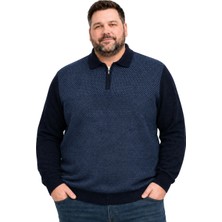 Battal Moda Erkek Büyük Beden Lacivert Atlas Polo Yaka Fermuarlı Triko Kazak 5xl-6xl-7xl-8xl