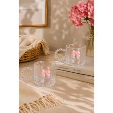 Home Conceptus 2'li Set Inci Saplı Pembe Fiyonk Detaylı Cam Kupa – 330 ml | Şık Fiyonklu Cam Kahve & Çay Bardağı