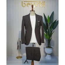 Beystil Kahve Spor Casual Çizgili Takım Elbise Parodi -Slim Fit