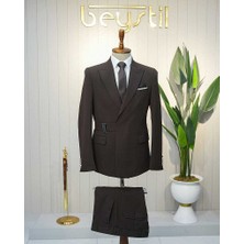 Beystil Erkek Kahve Slimfit Beli Tokalı Takım Elbise