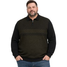 Battal Moda Erkek Büyük Beden Haki Atlas Polo Yaka Fermuarlı Triko Kazak 5xl-6xl-7xl-8xl