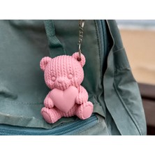Karahanbey 3D Baskı Kalpli Örgü Ayıcık Anahtarlık - Sevimli Çanta Süsü-Pembe