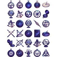 Dekorif 30 Adet Antik Astronomi ve Aletler Sticker Seti - Laptop Defter Ajanda