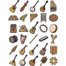 Dekorif 30 Adet Retro Akustik Müzik Aletleri Sticker Seti - Laptop, Defter