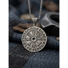 Velcari Viking Vegvisir Pusulası Runik Alfabe İşlemeli Erkek Kolye