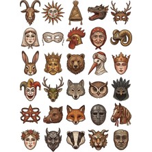 Dekorif 30 Adet Otantik Folklorik Maske Sticker Seti - Defter, Laptop, Ajanda Için